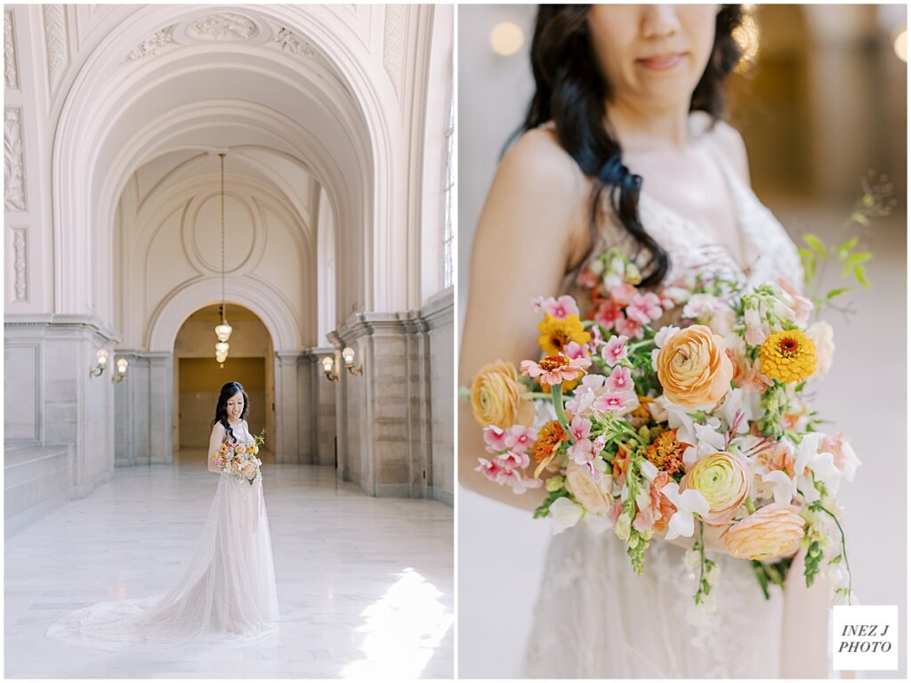 bride with bouquet of flowers at San Francisco city hall