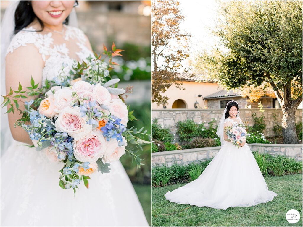 asian bride with pastel spring color bouquet